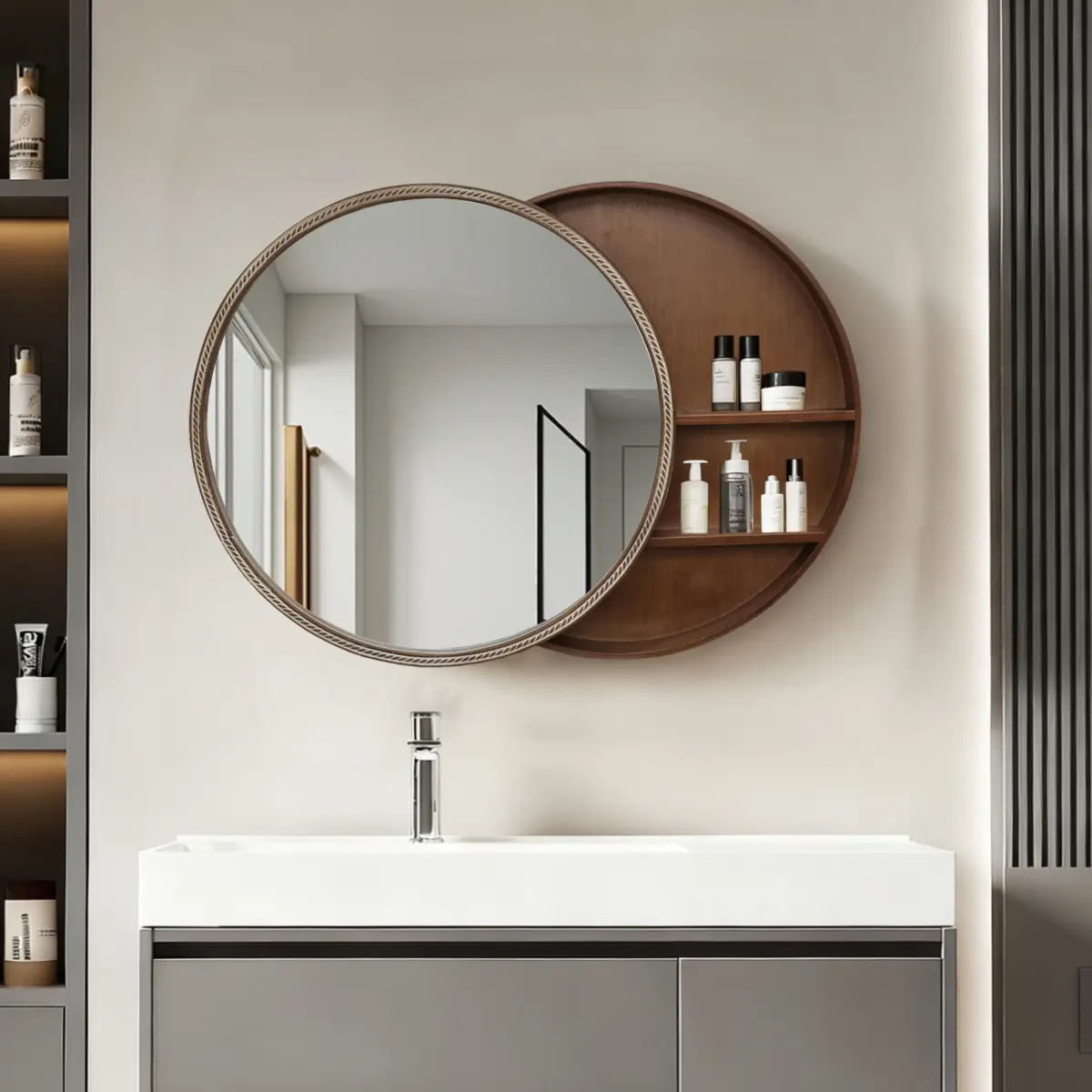 23.62 Inch Round Wall Mirror with Sliding 2-Tier Wooden Storage Cabinet, Moisture Resistant Textured Frame Decor Mirror, 2 in 1 Wall Mounted Vanity Mirror for Bathroom Bedroom Entryway