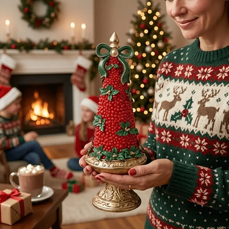Upuilpuil Red Berry Christmas Tree Tabletop Decor, 13.5" Artificial Holly Berry Cone Tree on Gold Pedestal with Green Bow, Festive Holiday Centerpiece for Mantel, Fireplace & Dinner Table for Holiday Mantel, Living Room, Ideal Christmas Gift