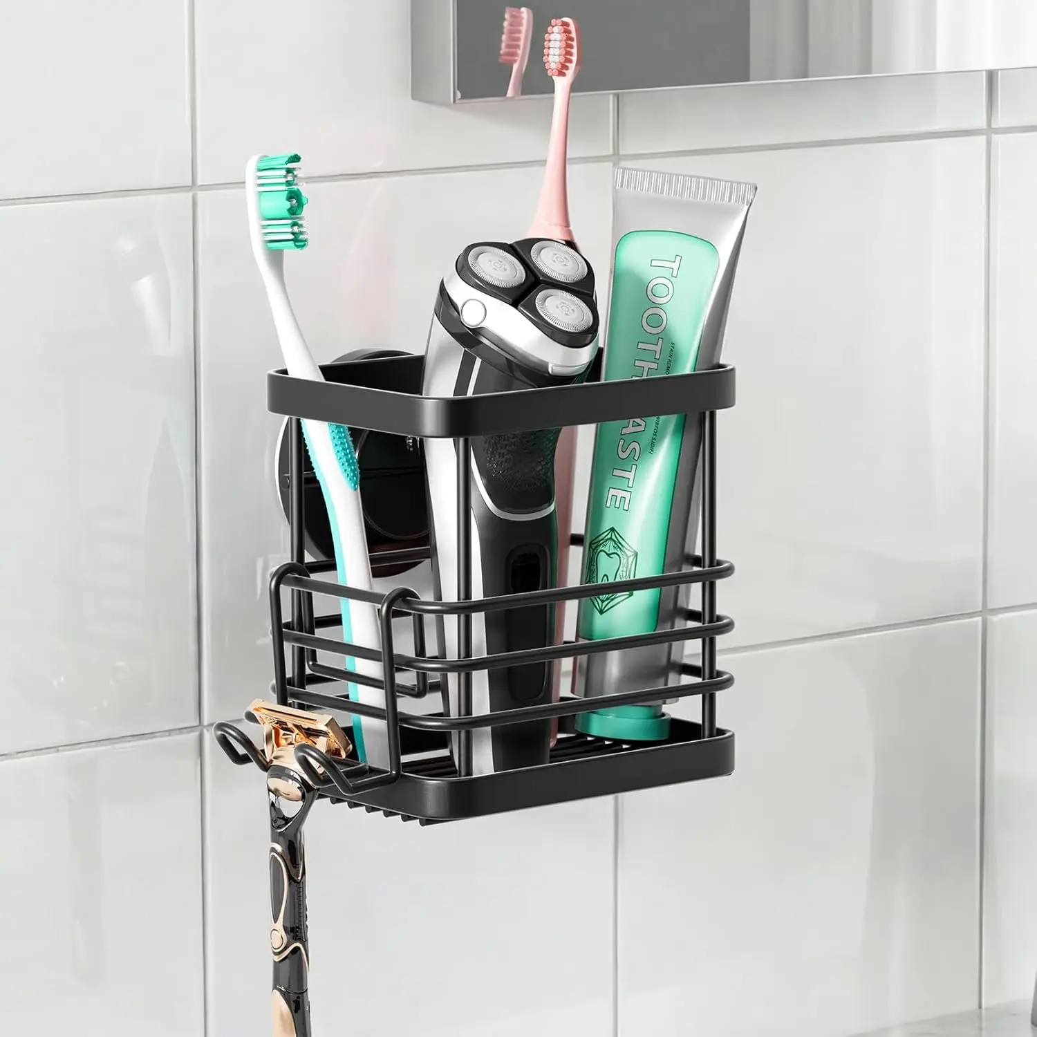 Suction Cup Stainless Steel  Holders, Black | Removable Shower  brush and  Holder,  Suction Up to 11lbs, Anti-Puddling ,No Drill Bathroom Organizer