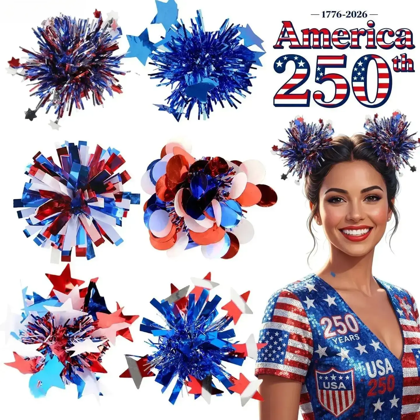 Women's Hair Clips with Strong Grip, 2 Pcs Glitter Star Stripe Bows, 4th of July Patriotic Stripe Fashion Accessory Sets