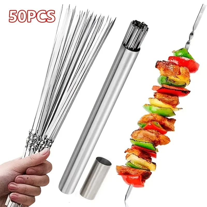 50/25 BBQ skewers, durable stainless steel meat skewers, comes with 1 storage tube, reusable and easy to clean, suitable for outdoor and indoor barbecue parties