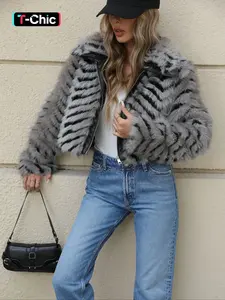 Women's Faux Fur Coat, Fall & Winter Casual Outerwear, Short Woven Fabric, Moderate Thickening, Trendy Striped Patchwork Design