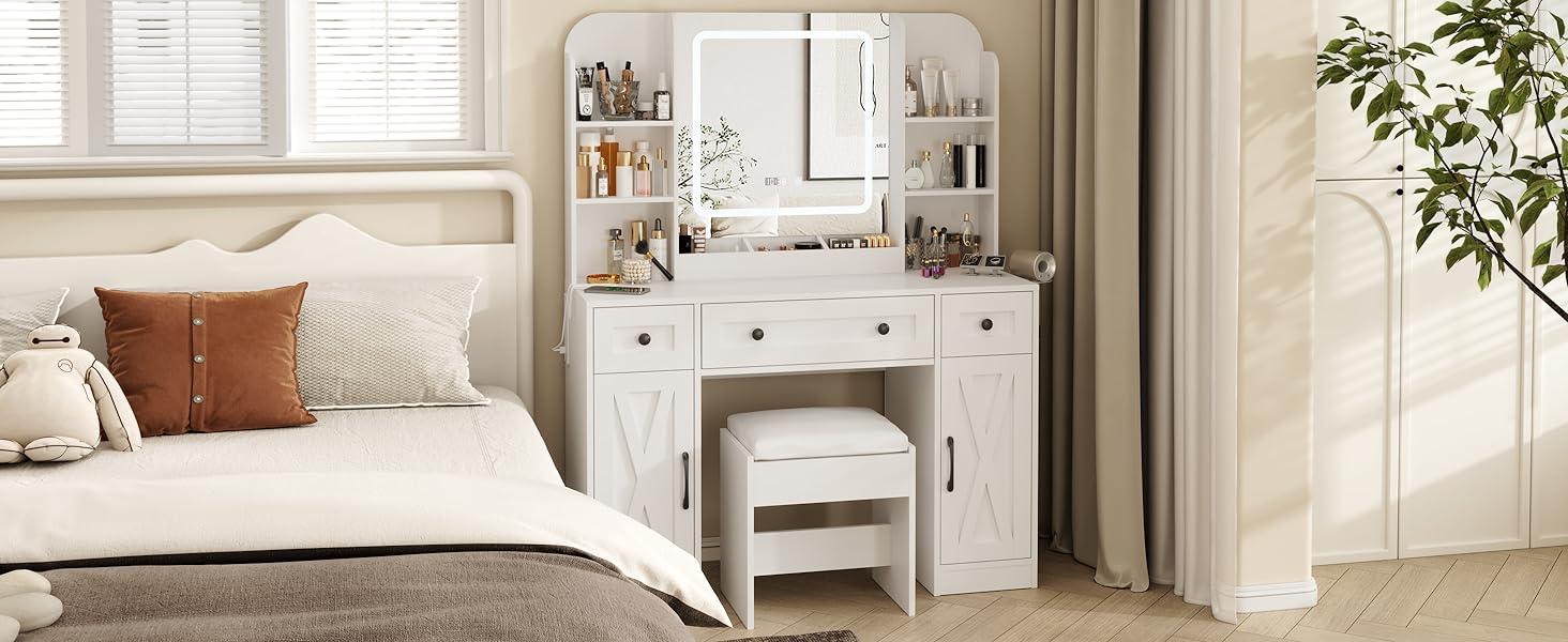 Vabches Makeup Vanity Desk, Vanity Mirror with Lights Desk and Chair, White Vanity Table with Large Storage Drawers and Shelves, Time and Temperature Display, 3 LED Lighting Modes Adjustable, White