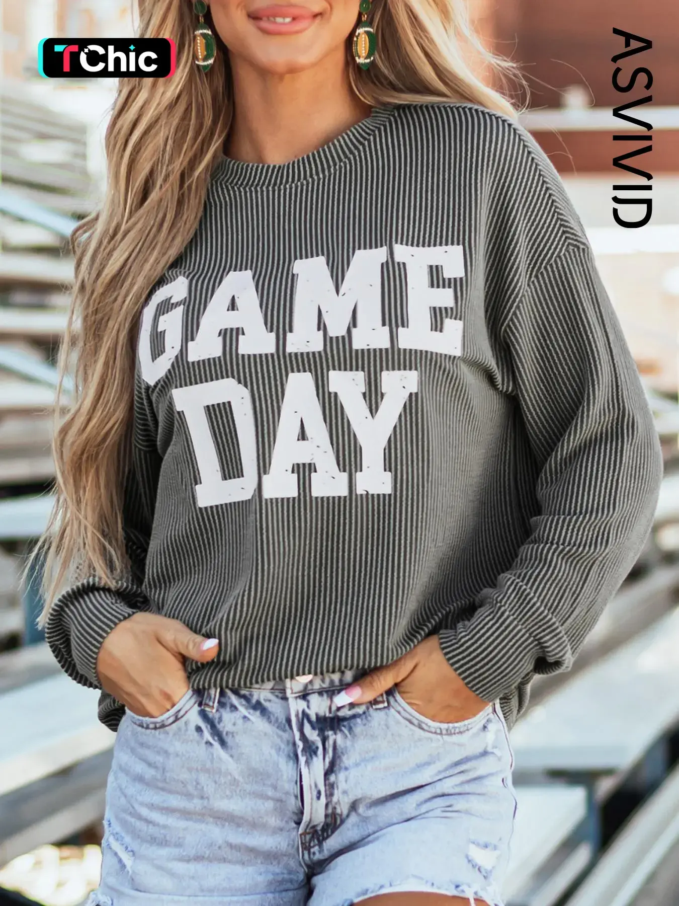 Women's Casual Twisted Ribbed Knit Corded Long Sleeve Crew Neck Pullover Hoodie With GAME DAY Graphic