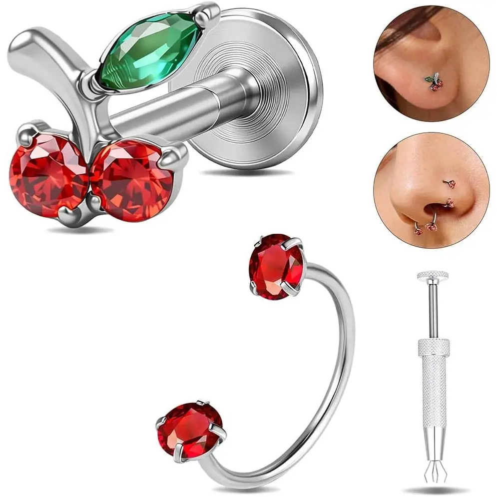 G23 Titanium Horseshoe Nose Rings Studs, Blue Red  | Cubic Zirconia, Flat , Lip Rings Cartilage Conch Helix Tragus Earrings Hoop,  Grabber Tool Included