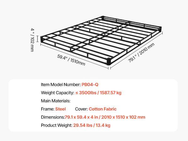 VEVOR Box Spring, Queen Size Bed Frame with Washable Fabric Cloth, Heavy Duty Metal Frame for Queen Bed, 4 in Mattress Foundation, 3500 lbs Max Weight Capacity, Easy Assembly, 79.1 L x 59.4 W x 4 H in