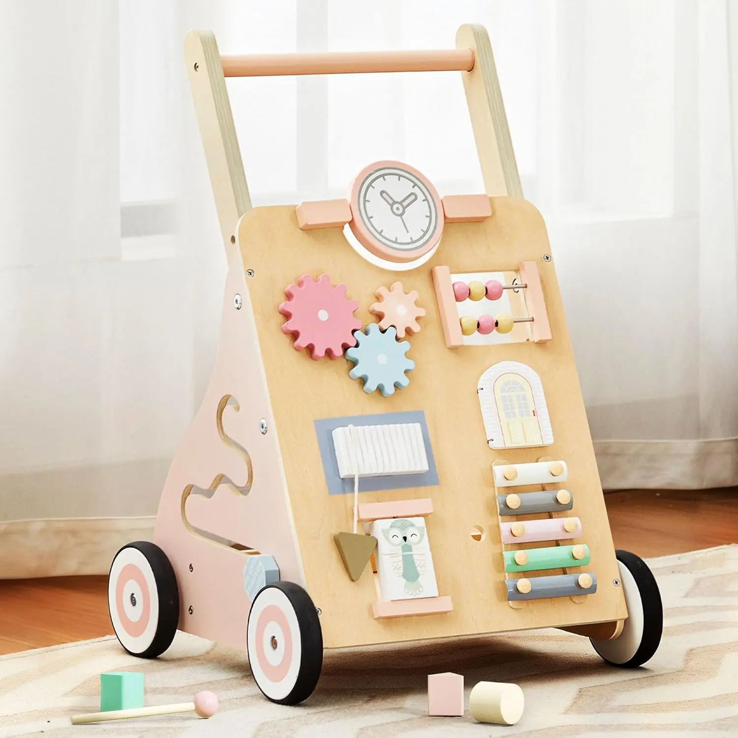 Wooden Baby Push Walker with Wheels Multiple Learning Activity Center Adjustable Height and Speed for Girls Ages 9+ Months Pink