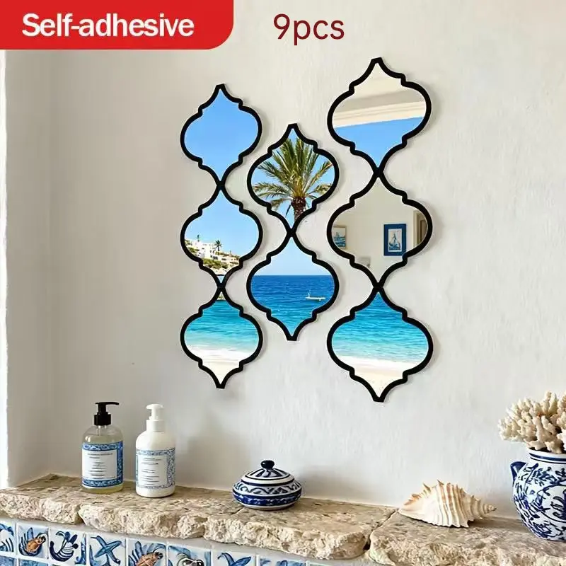 9pcs Large Moroccan-Style Wall-Mounted Mirrors, Elegant Reflective Lightweight Design, Plastic Frames, Ideal for Home Decor