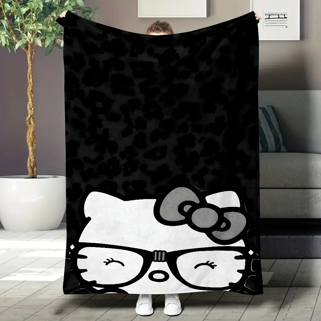 Black Leopard Print Hello Kitty Glasses Flannel Throw Blanket Monochrome Cool Sanrio Cartoon Print Soft Cozy Fleece Blanket All Season Sofa Bed Nap Blanket Gift for Trendy Kitty Fans