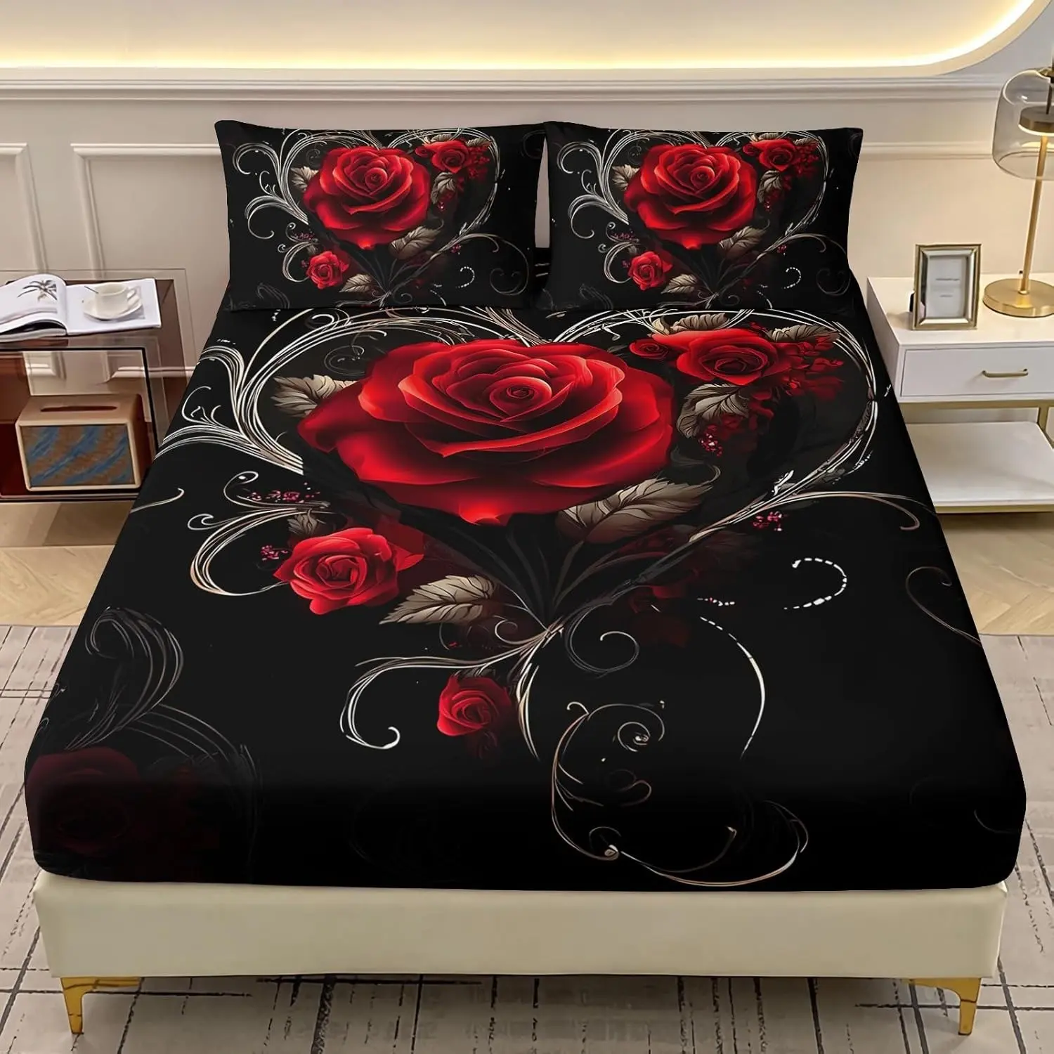 Gothic Rose Heart Bed Sheet Set, Large and Floral Luxury Couples Bedding Set, 3-Piece Romantic Flower Bed Sheet with 2 Pillowcases, Polyester Bedding