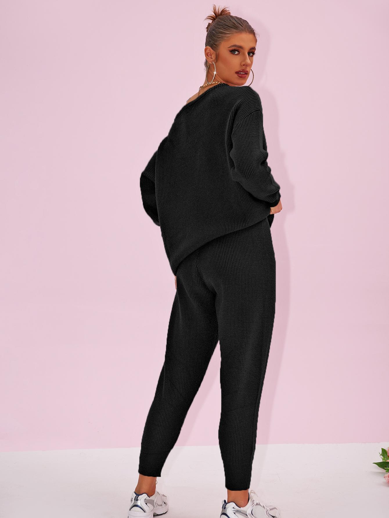 Joyfunear Women's 2025 Fall Winter Knit Set Oversized Sweater & Lounge Pants Matching Striped Basic Black Fitted Long Sleeve Shirts & Blouses for Casual Wear