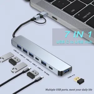 Aluminum USB C and USB HUB 7-In-1 with USB 3.0, USB-C Port for PC/laptop/macbook Pro/air/imac/iPad, Ot-95116b Model