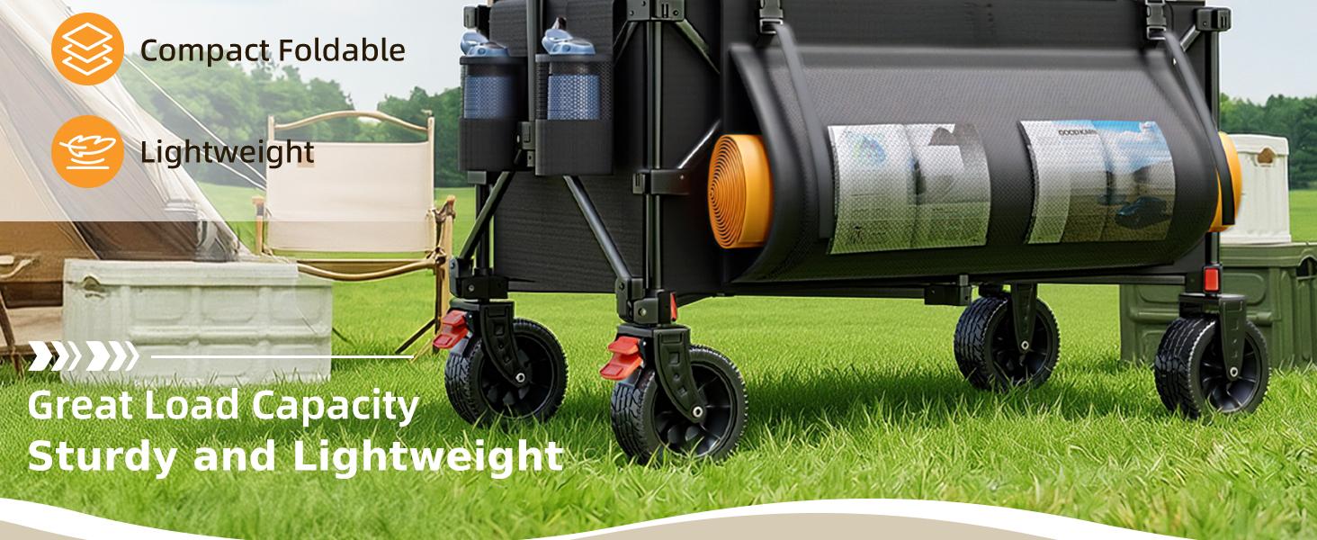39" L Collapsible Wagon Cart, 220L Large Capacity and 440Lbs Heavy Duty, Lightweight 15lbs Folding Garden Cart with Silent All-Terrain Wheels for Beach, Camping Grass and Grocery, Black