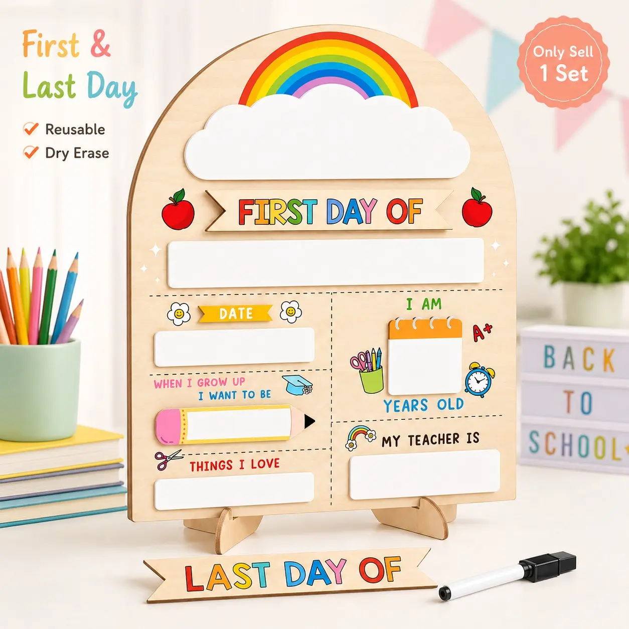 First Day Last Day of School Double Sided Sign, Back to School Interchangeable Wooden Sign, Reusable Dry Erase Wooden Board with Marker, Classroom Supplies, for Preschool, Kindergarten and Classroom Photo Props, Classroom Decoration