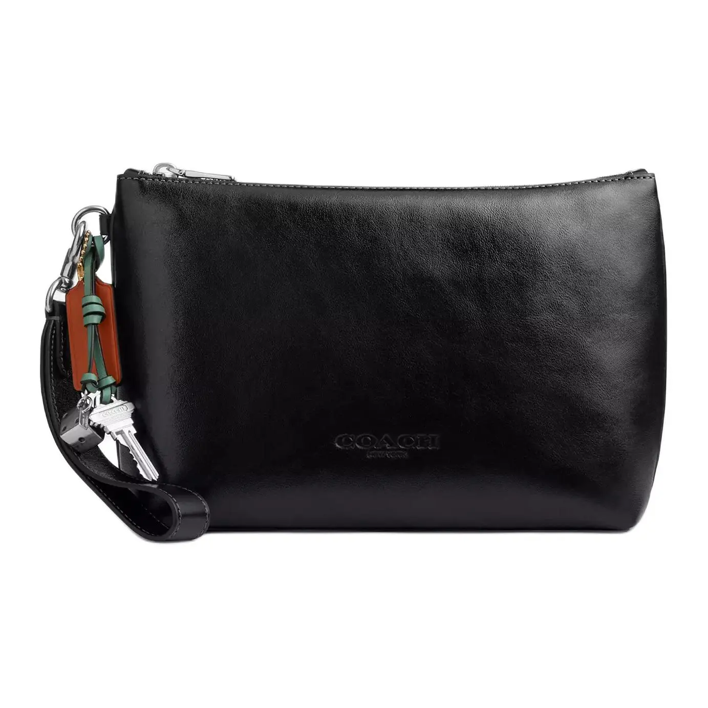 COACH Pouch 25 Leather Crossbody Handbag for Men, Embossed Logo, Calfskin-Blend, Black with Charm