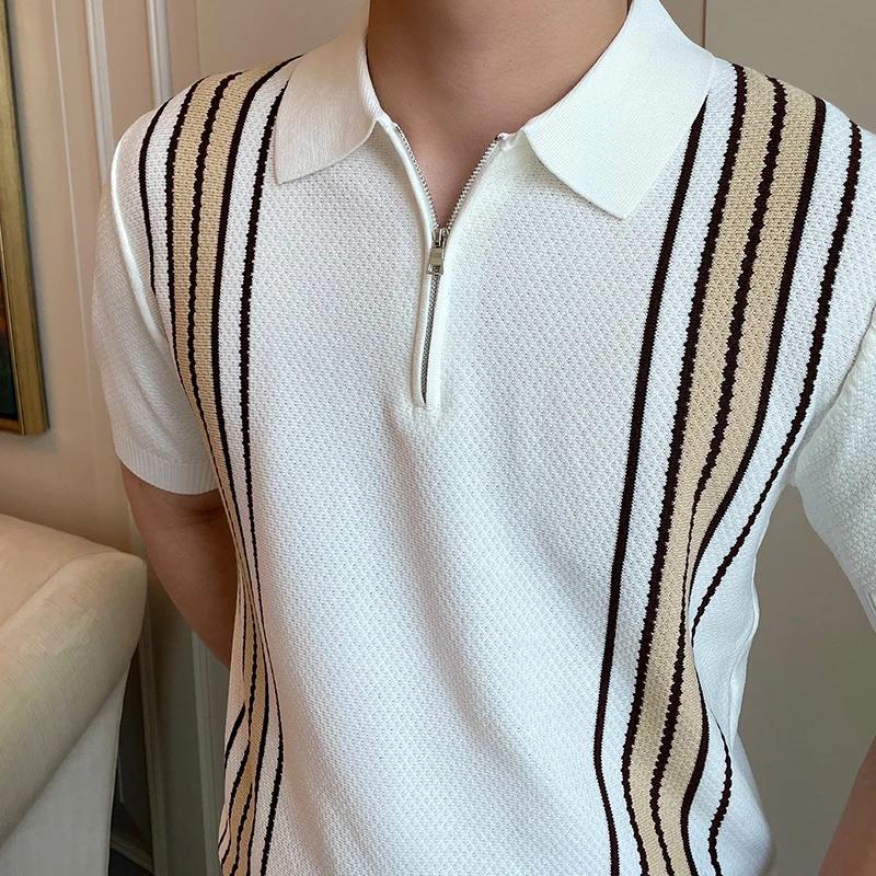 Kyn Apparel Luxury Knitted Polo Shirt Mens Striped Contrast Color Zip-up Polo Neck Tops Summer Vintage Slim Fit Short Sleeve Men Polo Shirts