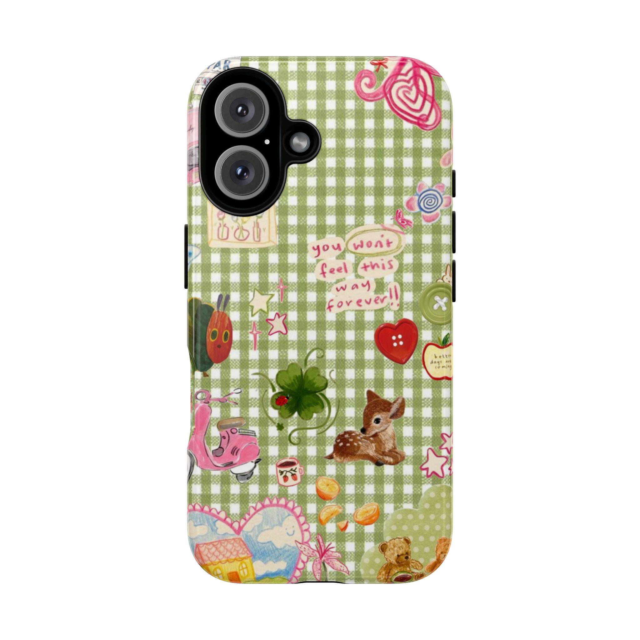 Cute Green Gingham Tough Phone 17 Pro Max Plus Air/16/15/14/13/12/11Case – Patchwork Caterpillar Ladybug Strawberry Aesthetic Protective Cover for Phone