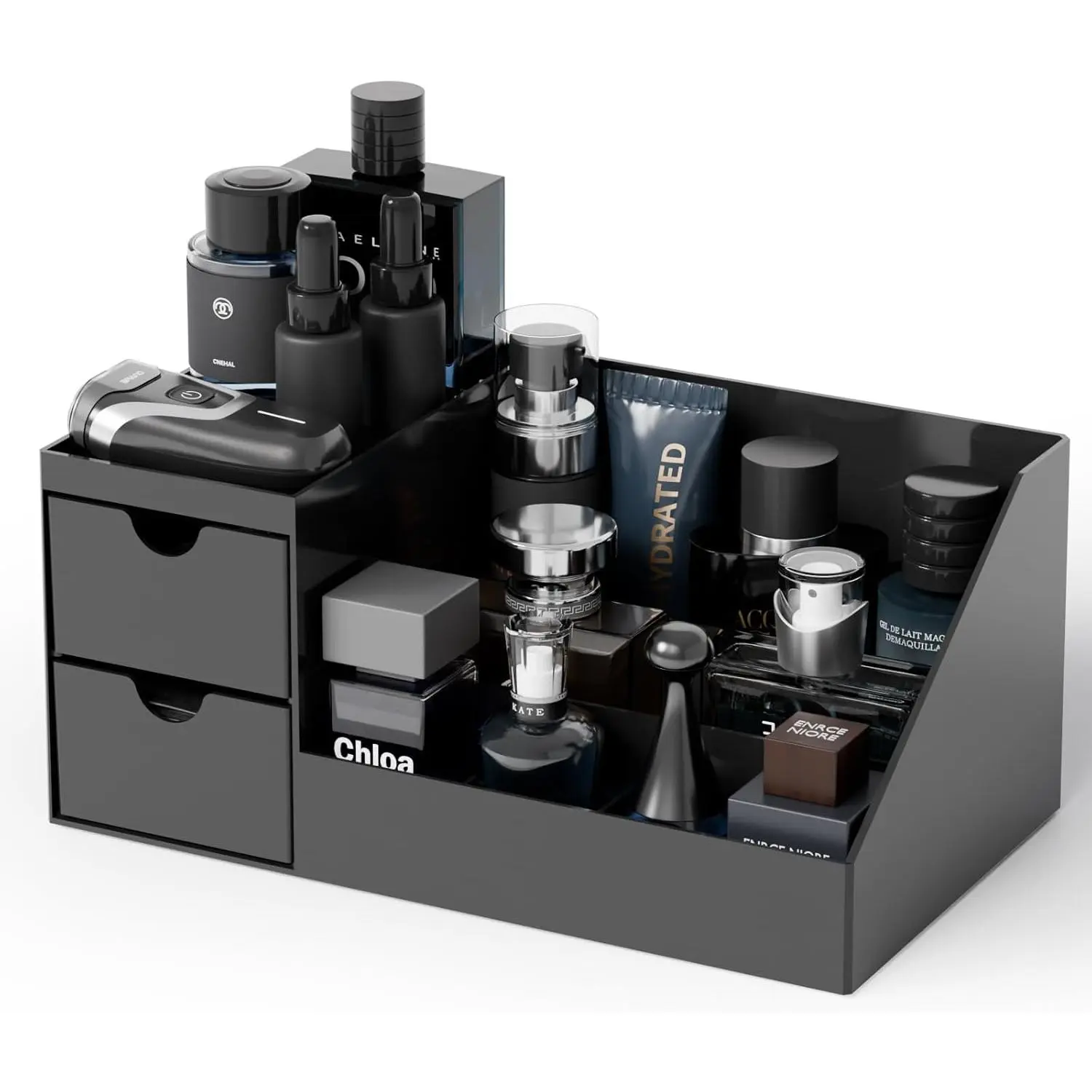Makeup Organizer with 2 Drawer,Black Cologne Organizer for Men,Cologne Stand and Rack, Care,Perfume Organizer Holder and  Shelf for ,Bathroom Countertop and Dresser Top,1PCS