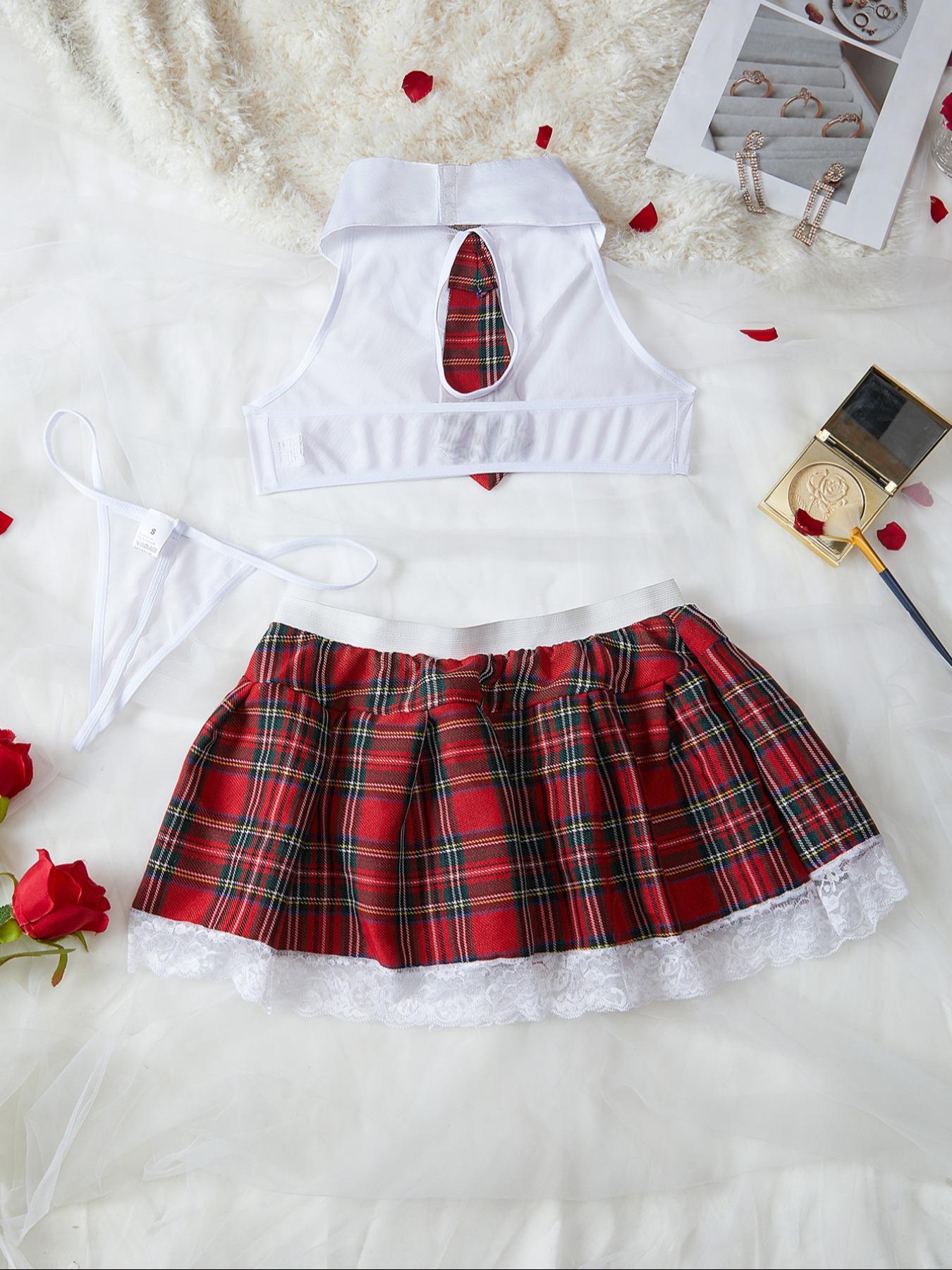 Women's Plaid Print Sheer Lace Sexy School Girl Lingerie Set, Breathable Elegance Romantic Sexy Tie Decor Halter Crop Top & Thong & Contrast Lace Skirt Set, Sexy Underwear Sets for Women, Lingerie for Women, Womenswear