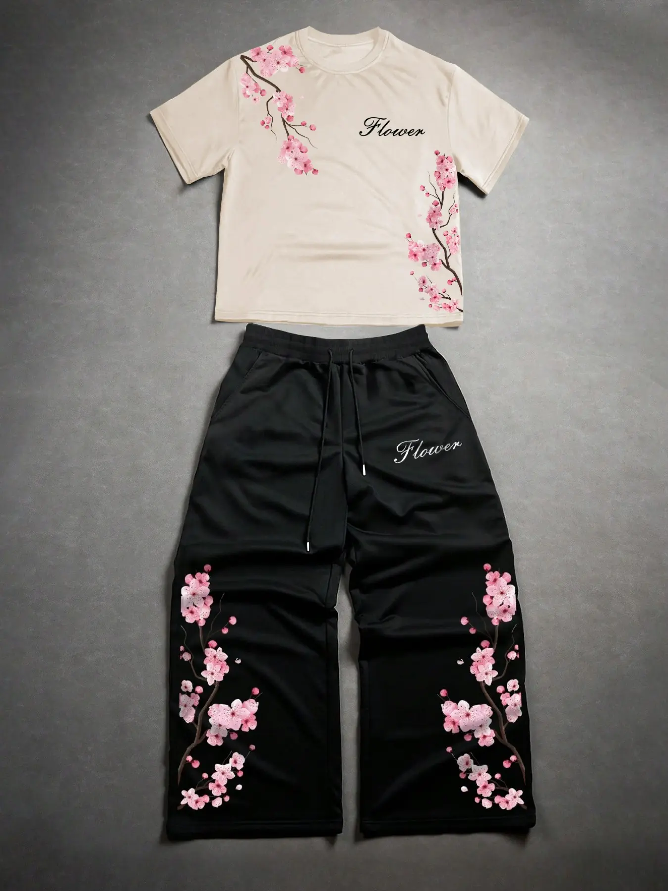 Men's Floral Sakura Graphic Pattern Casual Two-Piece Comfortable Loose Street Style Sports Set Suitable for All Seasons, Includes Round Neck T-Shirt and Drawstring Wide-Leg Pants