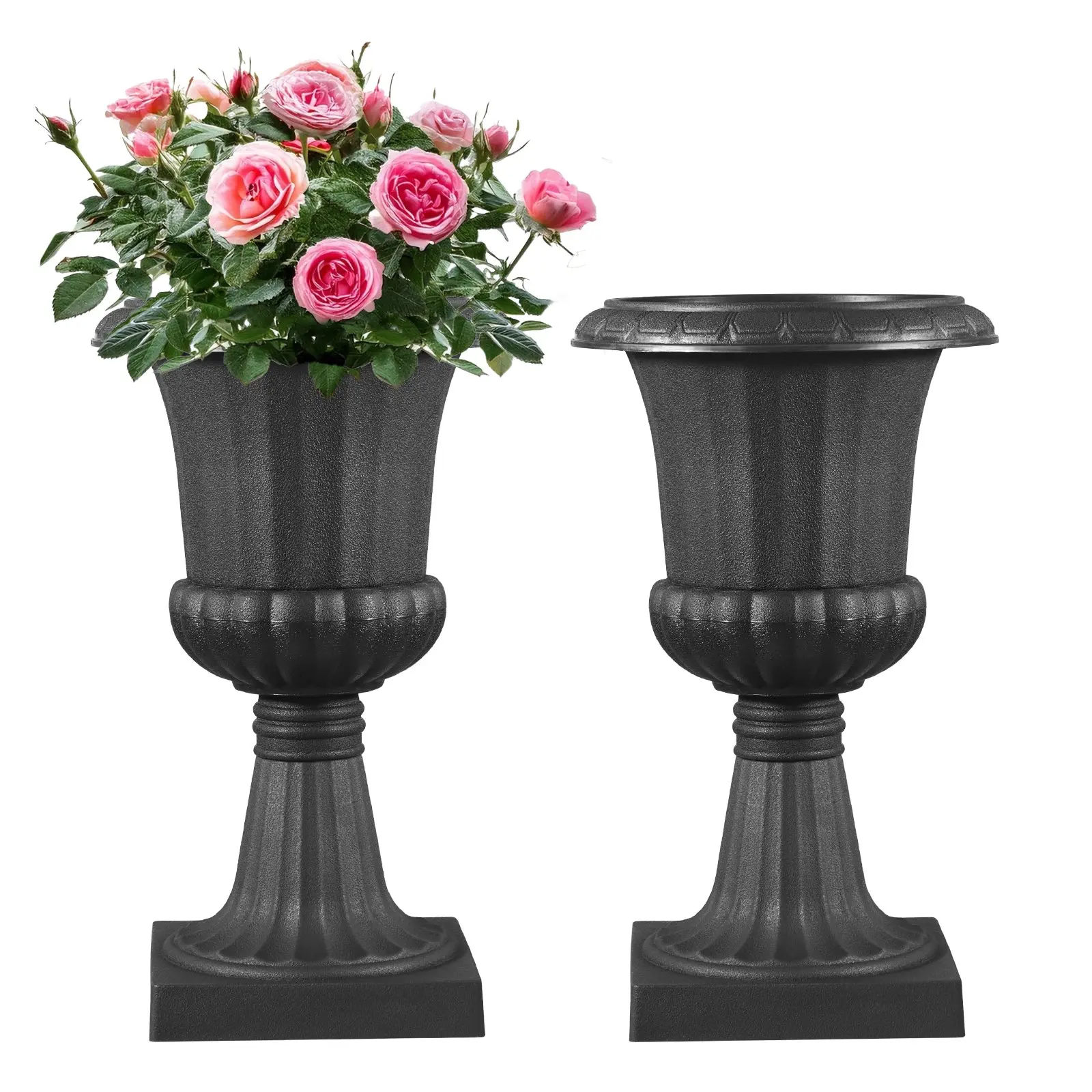 VEVOR Urn Shape Flower Pots & Planters, 9.8x16.5 Inch 2-Pack Black Classic Plastic Urn Planters, Indoor-Outdoor Decor for Wedding, Home, Garden