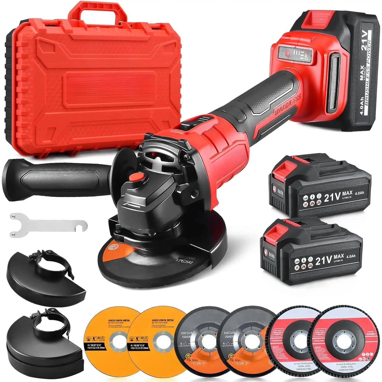 Cordless Angle Grinder 4-1/2 inch, 21V Battery Grinder Kit, Power Electric Cut Off Tool, Brushless Motor, 2x4.0Ah Battery & Charger, for Metal Cutting, Grinding, Polishing