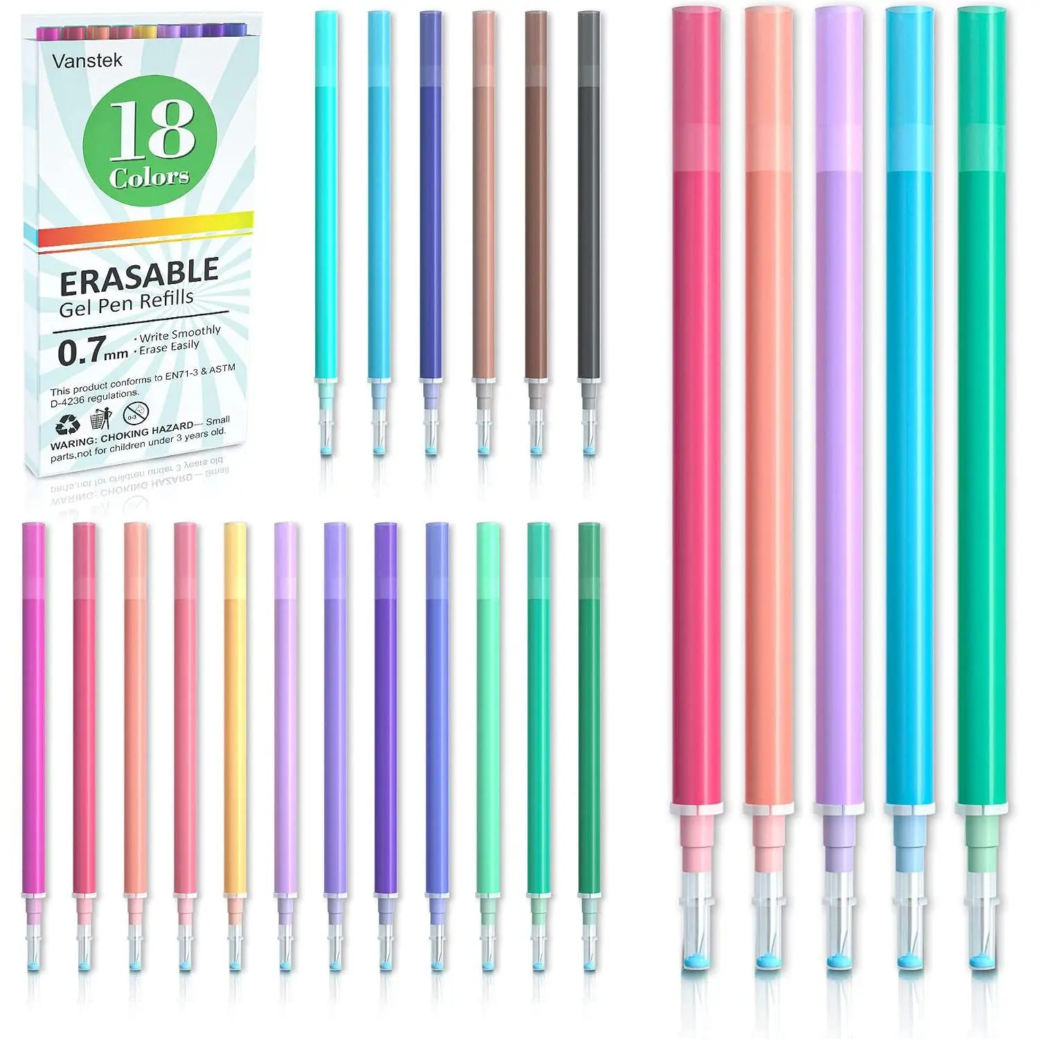 18-Color Thermo Ink Erasable Pen Refills, 0.7mm Fine Tip Gel Ink Refills Compatible with Erasable Clicker Pens, for Writing Planners & Crossword Puzzles