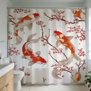 1 Pc Luxurious koi fish and cherry blossom shower curtain for elegant Asian-inspired bathroom design vibrant colors enhance home decoration perfect for bathroom renovation create a serene atmosphere with artistic print patterns ideal for spa-like relaxati