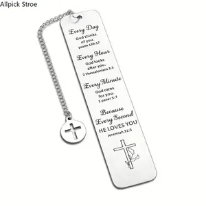 Stainless Steel Christian Bookmark, Bible Verse Bookmark with Cross Pendant, Religious Gift for Friends & Family, Birthday Gift for Book Lovers