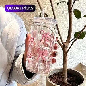 Bow Pattern Hydration Water Bottle, 1-Count Drinking Cup with Lid and Straw for Tea, Juice and Milk, Cute Drinkware for Office, Restaurant, Classroom, Picnic and Party