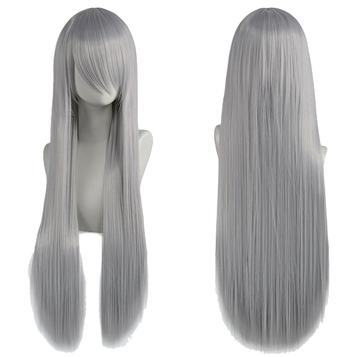 80cm Long Synthetic White Purple Cosplay Wigs Green Hair Straight Silver Wig Pink Hairpiece Lolita Wig with Bangs