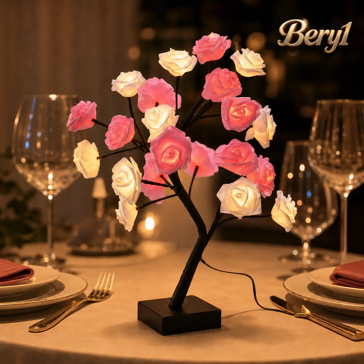 Romantic Rose Flower Night Light, USB-Powered Soft Warm Glow Bedside Table Lamp, Pink & White Decorative Light for Bedroom, Valentine’s Day, Birthday & Christmas Gift--Bery1
