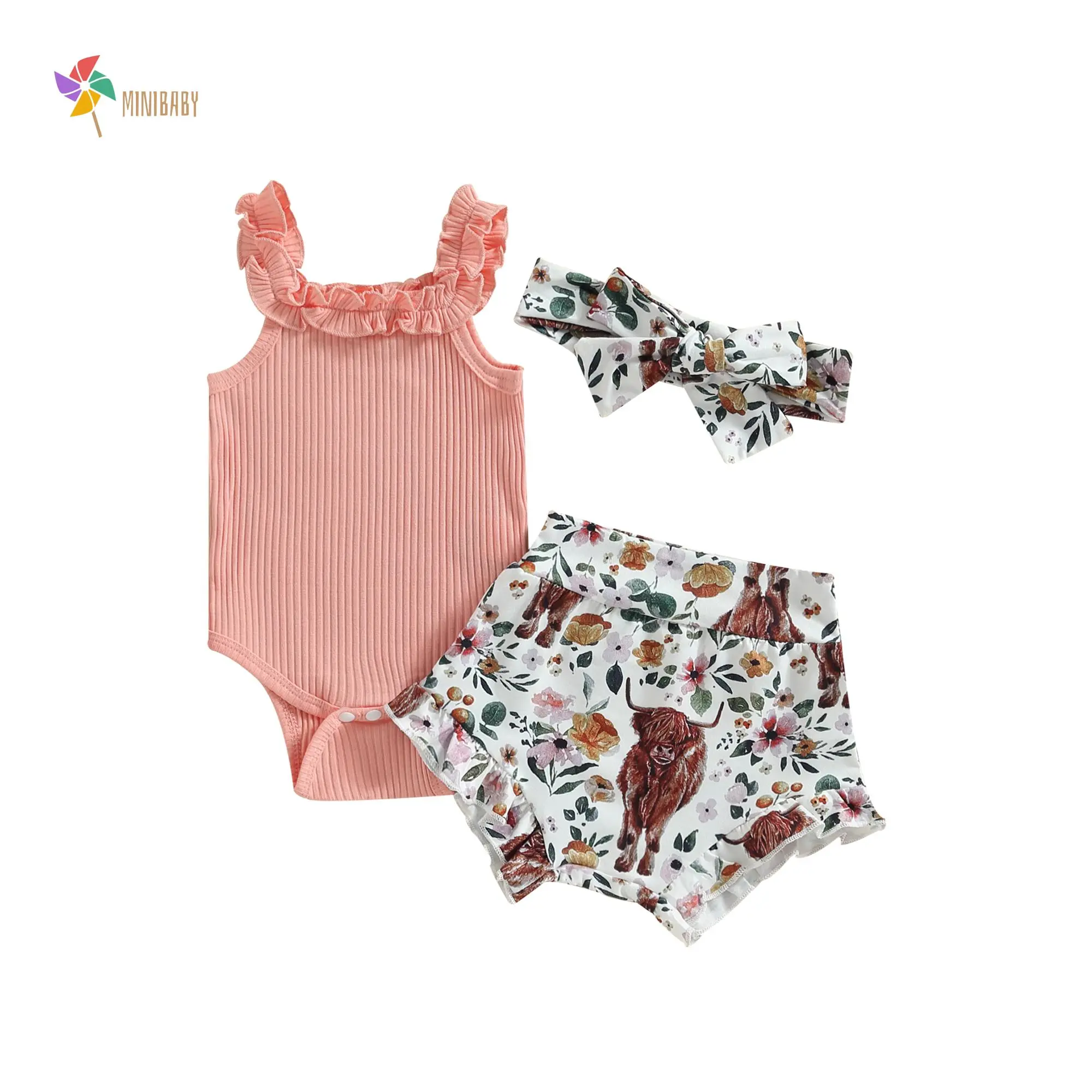 Baby Girl Pants Suit, Casual Party Off Shoulder Romper Tops + Bull Print Short Pants + Head Band