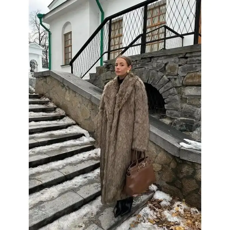 Women's 2026 Brown Faux Fur Long Length Jacket - Waterfall Collar, Loose Fit, Long Sleeves, Minimalist Casual Outerwear for Fall Winter Daily Wear, Tops, Coats, Outerwear Jacket, Collared Neck, Longsleeves