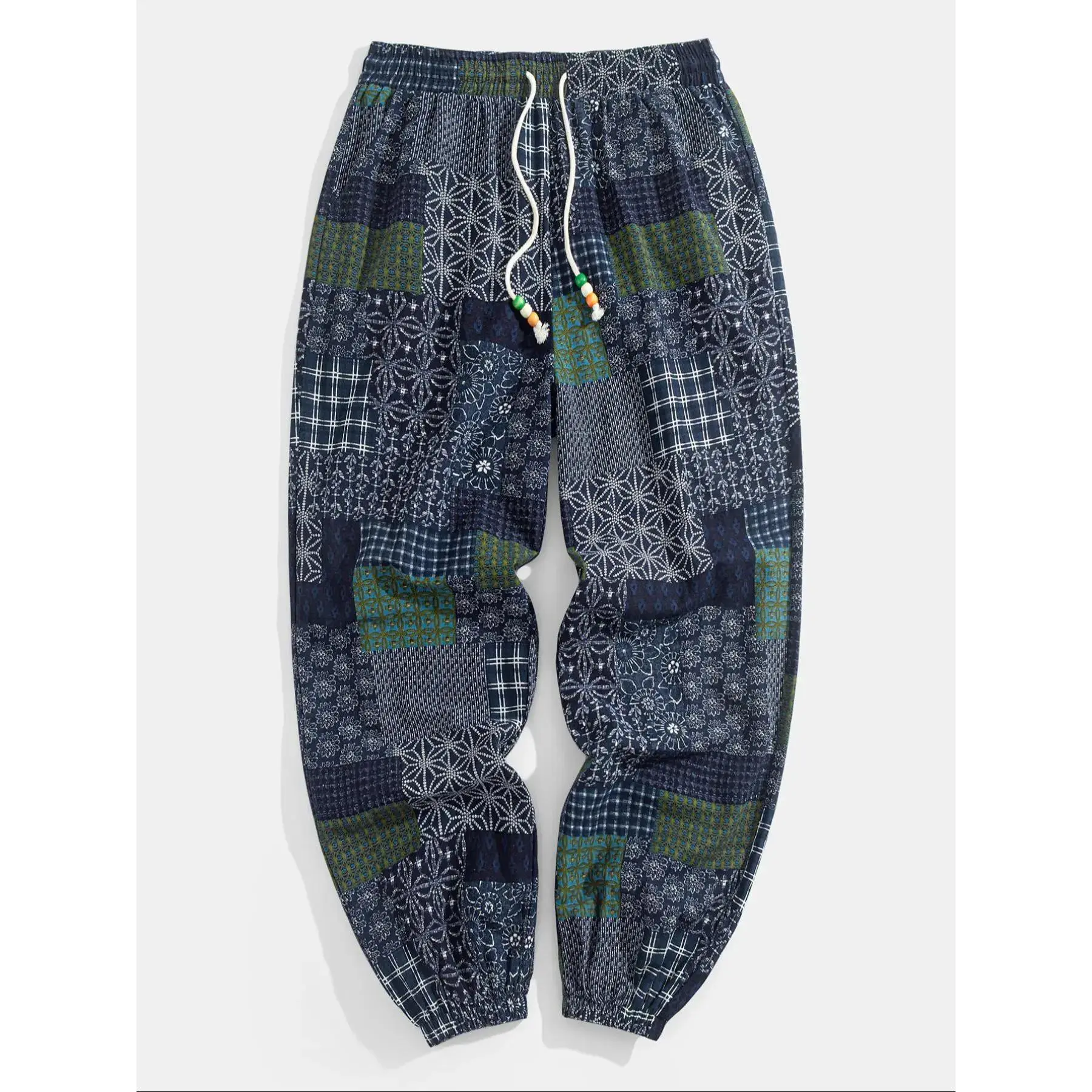 Men's Ethnic Pattern Patchwork Drawstring Waist Jogger Pants, Boho Casual Loose Pocket Elastic Waist Trousers for Spring & Fall, Fashion Men's Bottoms for Daily Wear, Casual Sports Trousers