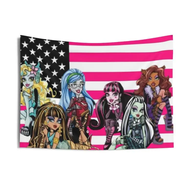 Monster High Pink American Flag Tapestry | Y2K Nostalgia Ghoul Squad Wall Hanging Aesthetic Girls Bedroom College Dorm Room Decor Gift