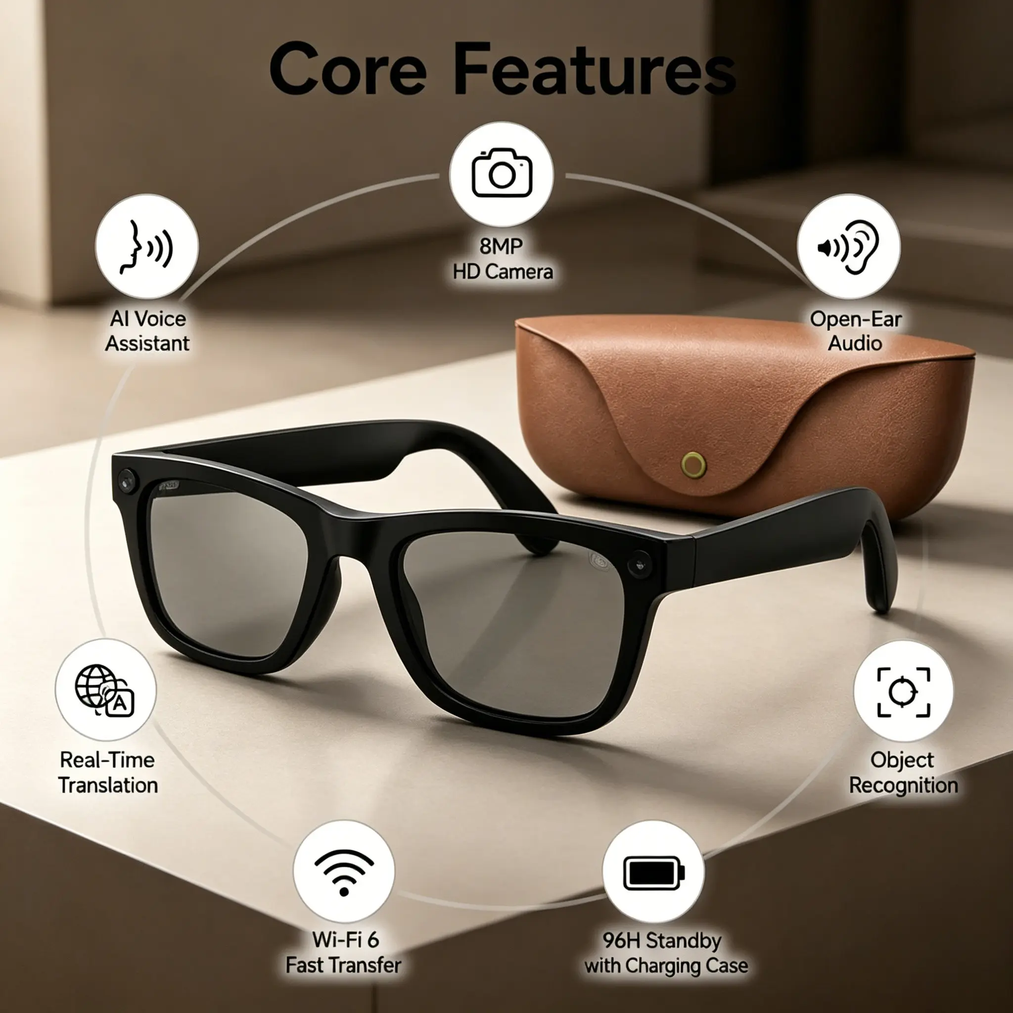 New Mt5ultra Smart Ai Glasses, Wearable Tech Glasses with 2000mah Charger, HD Camera, Voice Call, Ai Translation, Dual Microphone, Noise Reduction, Unisex, Outdoor Use, Multifunctional Smart Glasses
