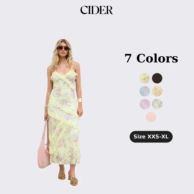 Cider Maxi Dress – Lace V-Neck Floral Ruffle Polyamide Stretch Romantic Women’s Vacation Beach Party Gown, Floral Embroidery Slim Fit Long Dress for Spring