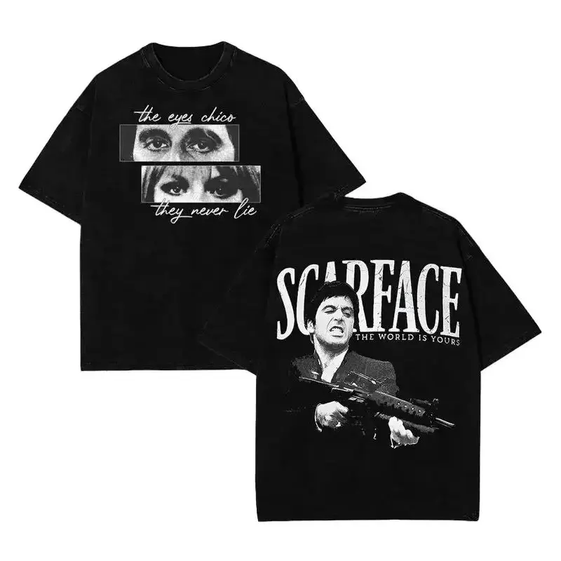 Scarface Graphic Tee For Men Stylish Black Short Sleeve Crew Neck Summer T-Shirt Vintage Gangster Style Graphic Tee For Men Stylish Black Short Sleeve Crew Neck Summer T-Shirt 100% Cotton Movie Inspired Streetwear Top