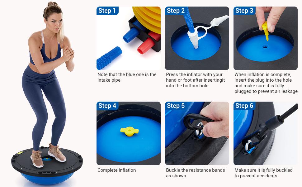 23-Inch Balance Ball, 1600 Lbs Inflatable Half Exercise Ball Balance Trainer with Nonslip Base, Half Yoga Ball Strength Training Equipment with Resistance Bands and Foot Pump, Blue