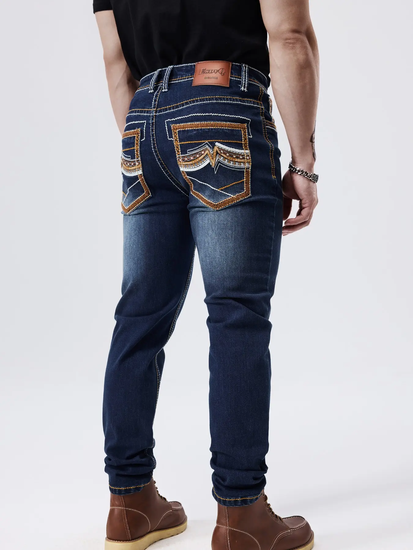Men's Four-Season Elastic Embroidered Washed Thick Thread Jeans, Comfortable and Durable Denim Jeans for Everyday Wear