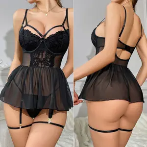 Women Sheer Lace Spaghetti Strap Nightgown, 2-Piece Lingerie Set with Thong Panties