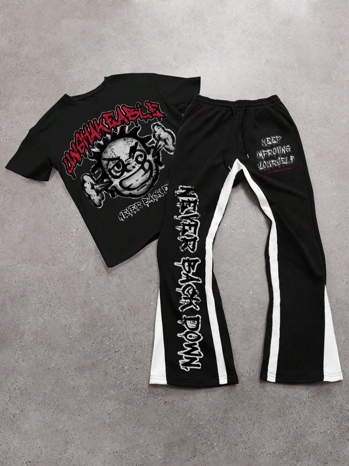 Men's Letter & Star Print Tee & Flare Leg Pants Two-Piece Set for Daily Wear, Men's Outfits for All Seasons