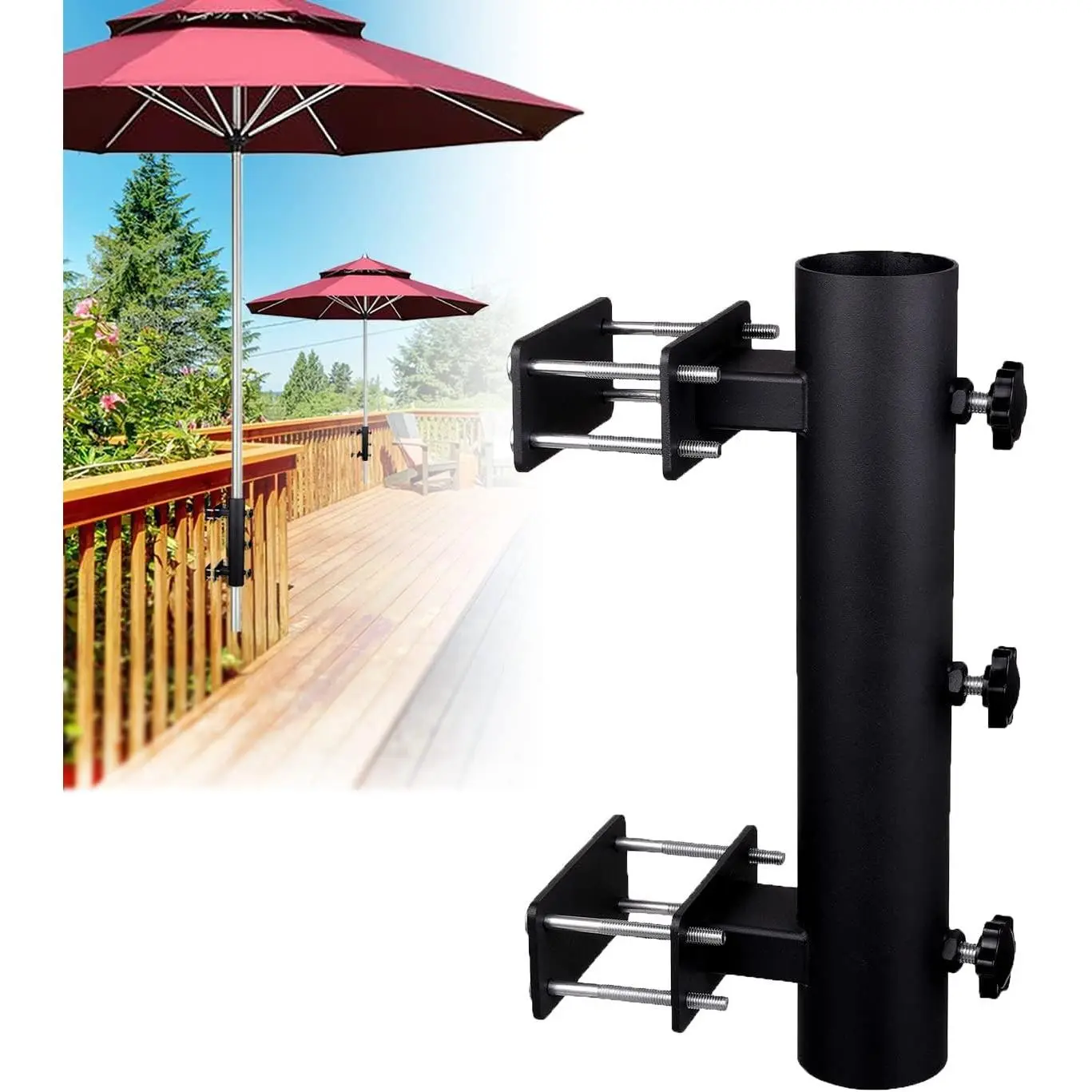 Heavy Duty Parasol Holder Patio Umbrella Stand Mount with Fixed Clip Umbrella Clamp for Deck, Railings, Beach, Courtyard, Balcony, Boats, Tailgates