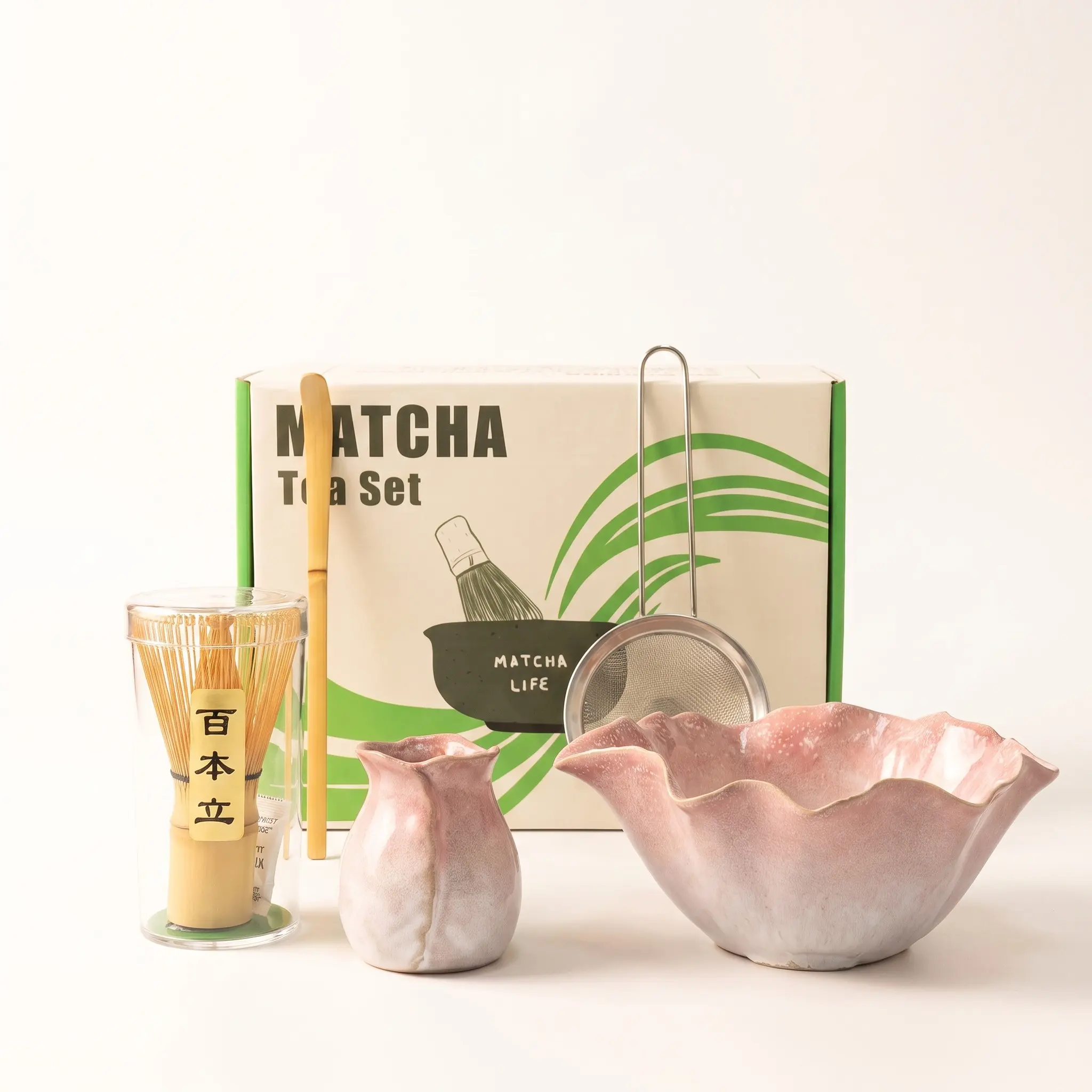 Petal Shape Kiln Glaze Matcha Tea Set, 6Pcs Ceramic Matcha Bowl With Bamboo Whisk for Matcha Tea Strainer Scoop, Tea Making Tools, Gift Box Packed Tea Gifts Japanese Tea Ceremony Kit