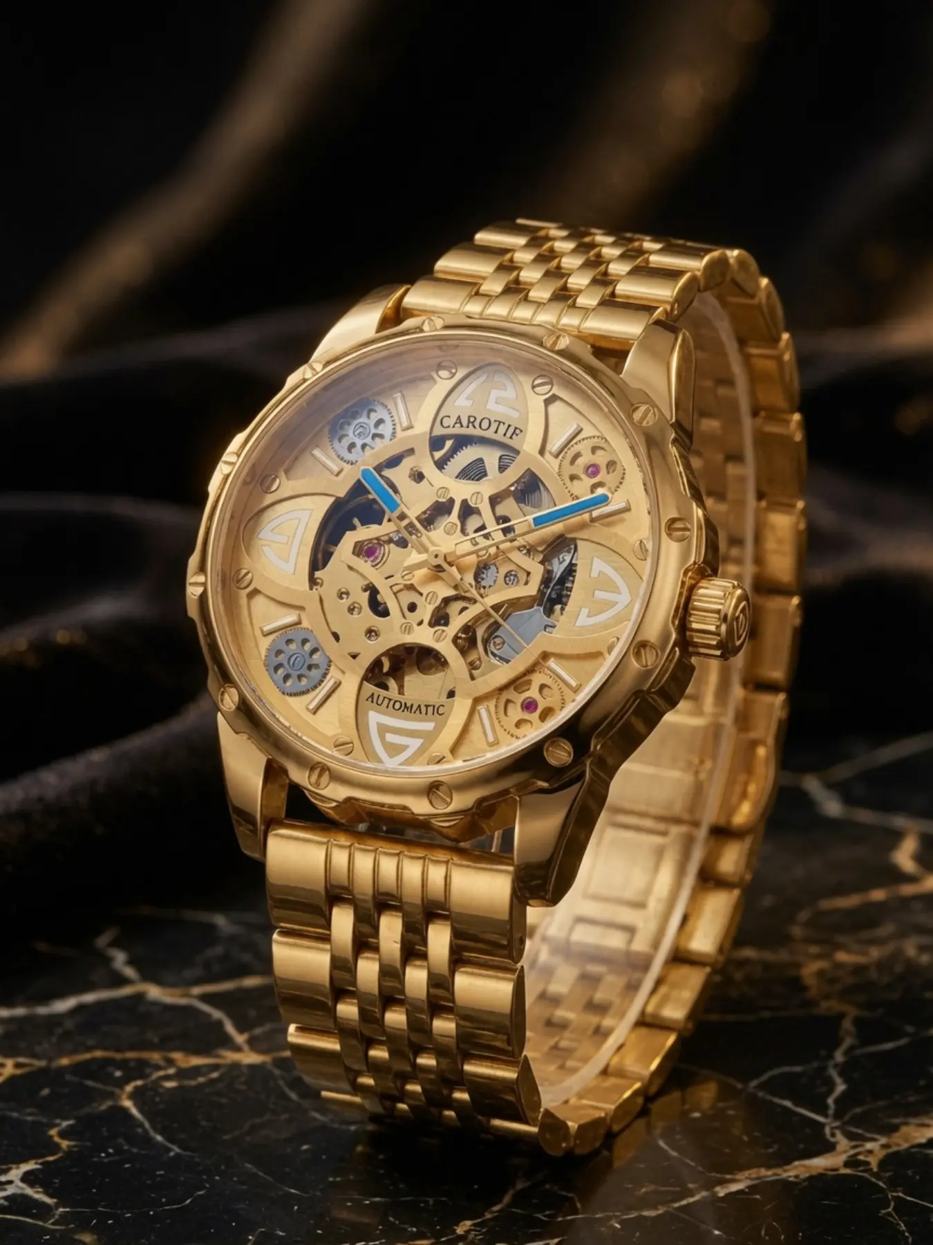Cold Tone Hollow Automatic Mechanical Watch, Transparent Dial, Geometric Scale Design, Stainless Steel Case, Casual Style