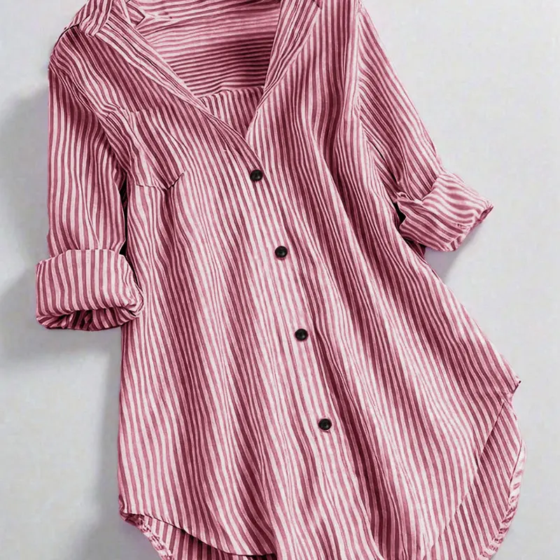 Plus Size Women's Striped Button Collared Blouse, Casual Daily Tops Loose Long Sleeve Woven Shirt, All Seasons Wear, Perfect for Office & Daily Wear, Womenswear, Blouses Shirts Tops