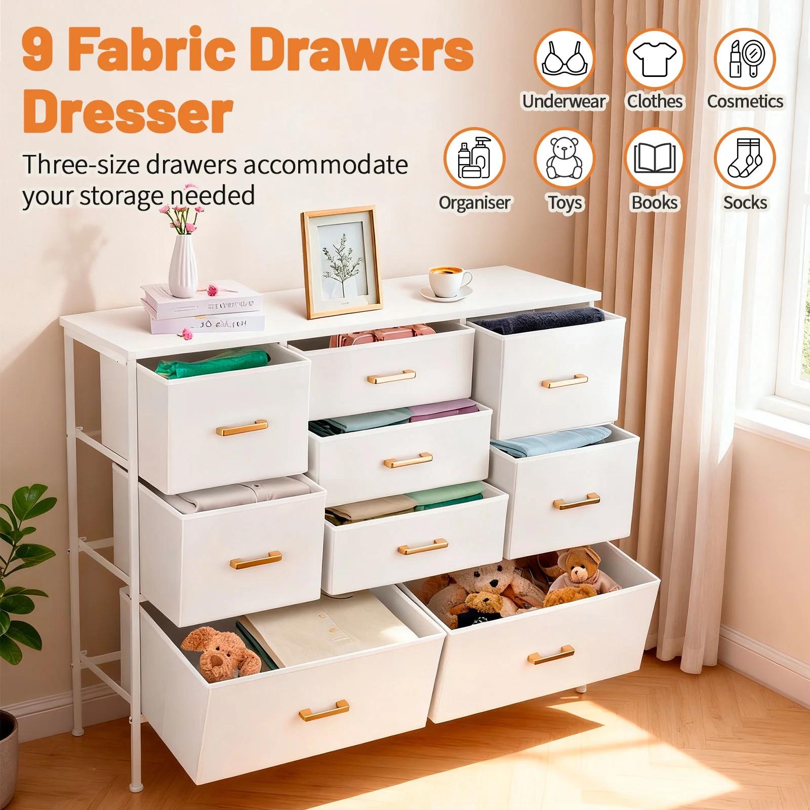 SICANDAENHK Maximize space with this stylish 9-drawer fabric storage tower!Slim tall chest of drawers with durable fabric bins offers large capacity for clothing, blankets, accessories and baby items.Clean white finish fits any decor, ideal for bedroom