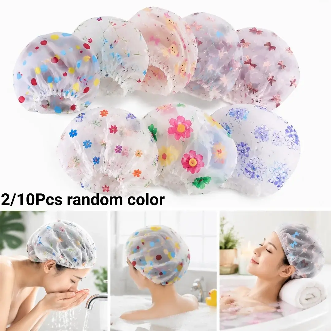 2/10Pcs Adjustable Printed Colorful Shower Cap, High Elasticity, Comfortable To Wear, Waterproof Bathroom Shower Cap Can Be Reused, Portable for Travel and Hair Dye Care