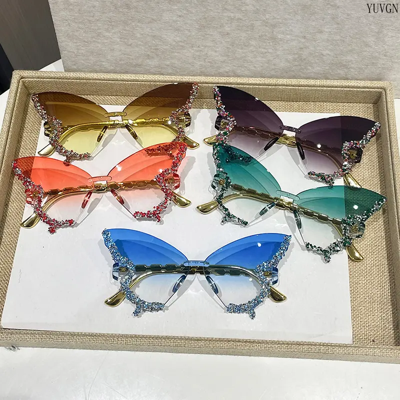 Rhinestone‑trim Butterfly Rimless Sunglasses, Gradient Y2K Party Shades, Sparkly Crystal Decor Eyewear, Ideal for Beach Trip, Festival, Photoshoot and Street‑style Outfits